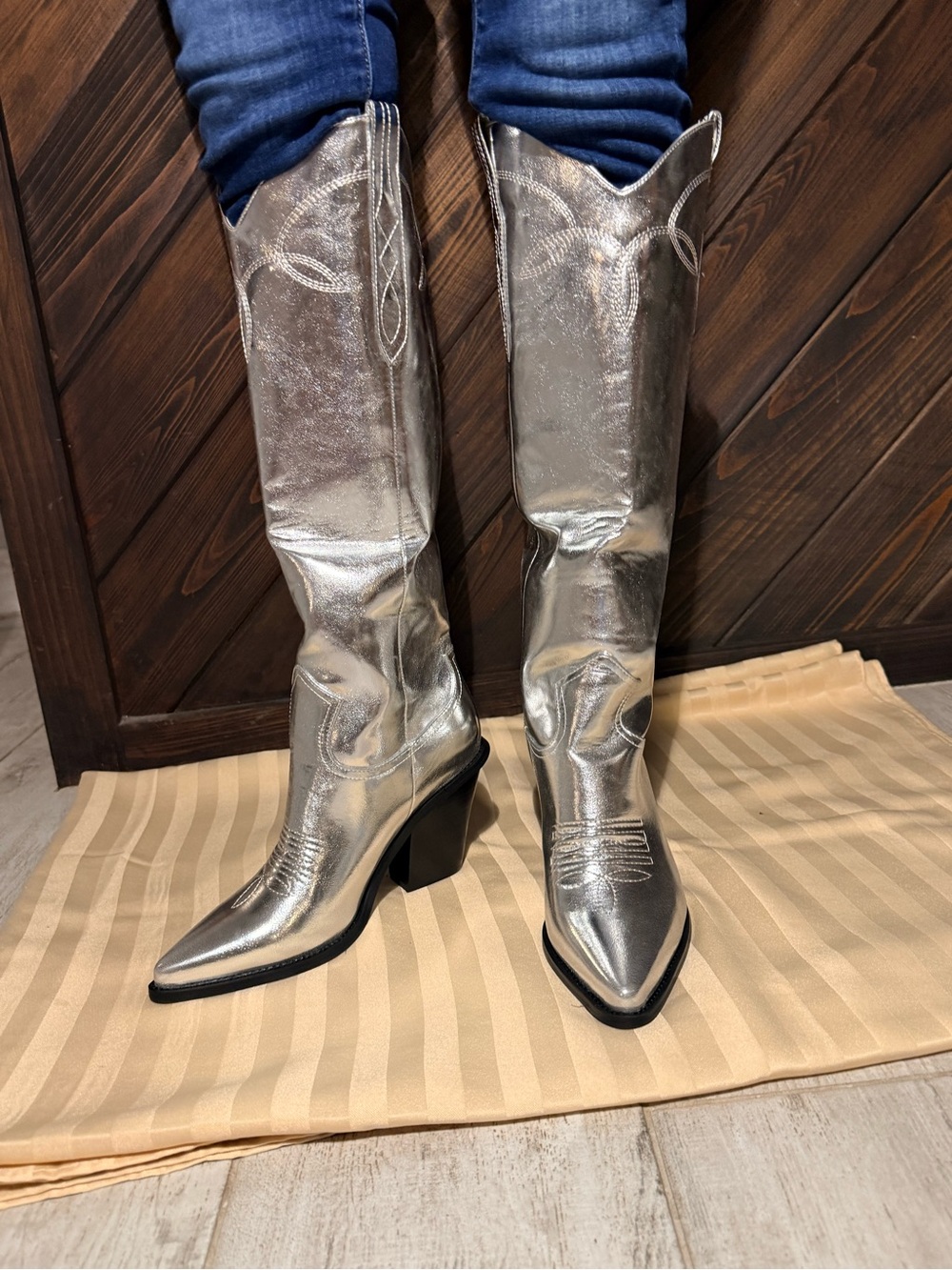 Silver Metallic Western Cowboy Knee High Boot New Size 8